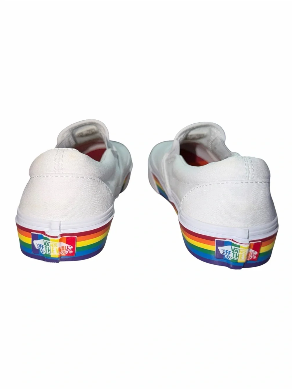 Vans White Multi/Rainbow Slip-On Pride Classic Canvas Skate Shoes Women’s 6